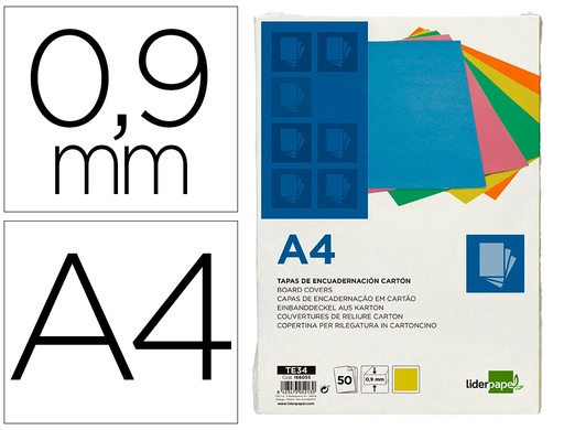 [166055] Tapa encuadernacion liderpapel carton a4 0,9mm amarillo fluor paquete de 50 unidades