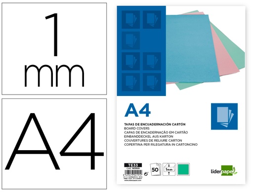 [163505] Tapa encuadernacion liderpapel carton a4 1 mm verde menta paquete de 50 unidades