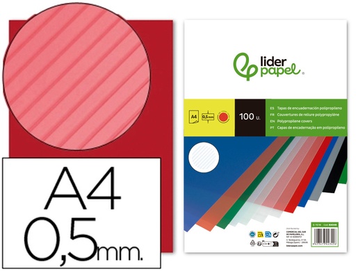 [64048] Tapa encuadernacion liderpapel polipropileno rayado a4 0.5mm rojo paquete de 100 unidades