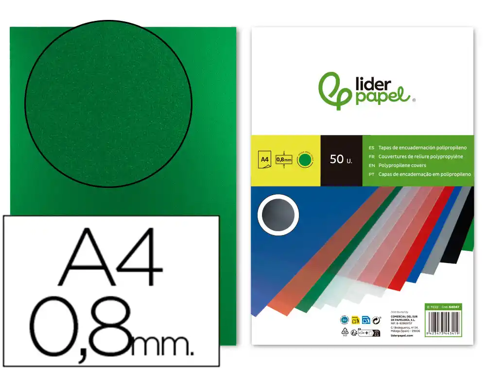 [64047] Tapa encuadernacion liderpapel polipropileno a4 0.8mm verde opaco paquete de 50 unidades