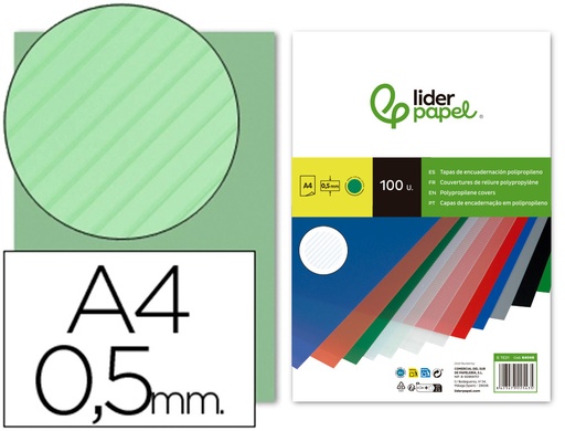 [64046] Tapa encuadernacion liderpapel polipropileno rayado a4 0.5mm verde paquete de 100 unidades