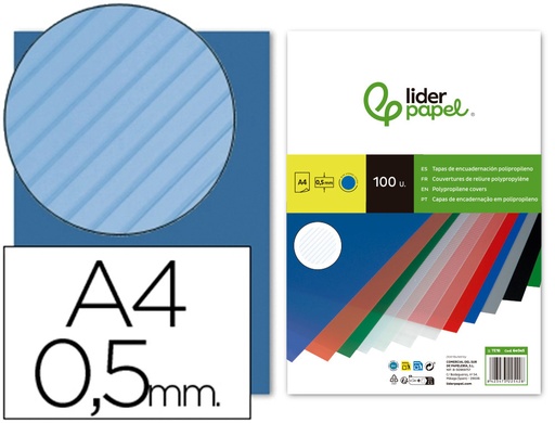 [64045] Tapa encuadernacion liderpapel polipropileno rayado a4 0.5mm azul paquete de 100 unidades