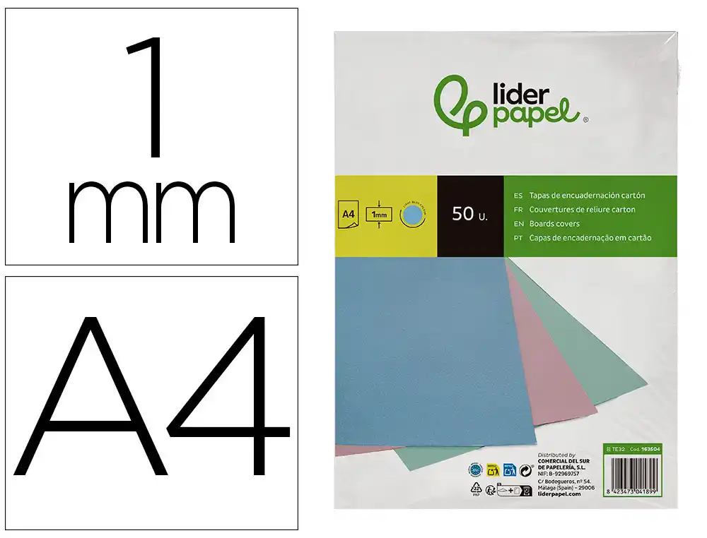 [163504] Tapa encuadernacion liderpapel carton a4 1 mm celeste paquete de 50 unidades