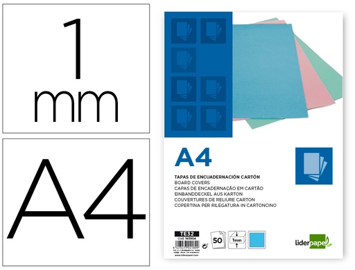 [163504] Tapa encuadernacion liderpapel carton a4 1 mm celeste paquete de 50 unidades