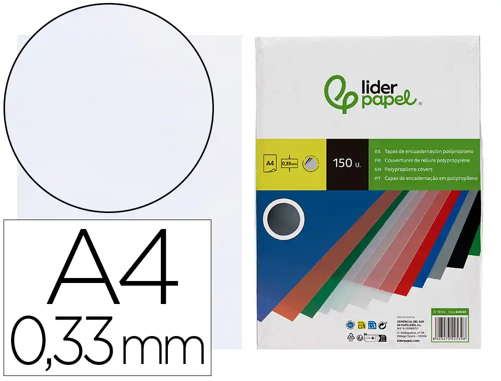 [64043] Tapa encuadernacion liderpapel polipropileno a4 0.33mm translucida paquete de 150 unidades
