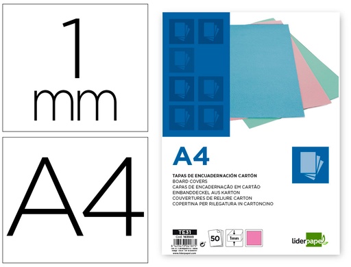 [163503] Tapa encuadernacion liderpapel carton a4 1 mm rosa paquete de 50 unidades