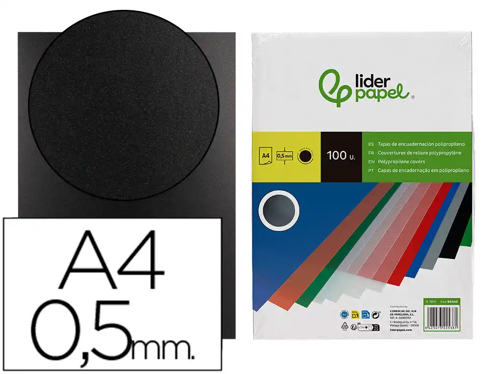 [64042] Tapa encuadernacion liderpapel polipropileno a4 0.5mm negro opaco paquete de 100 unidades