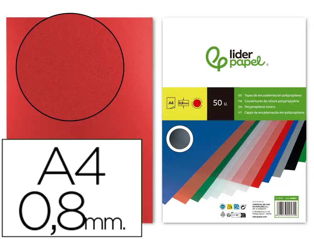 [64037] Tapa encuadernacion liderpapel polipropileno a4 0.8mm rojo opaco paquete de 50 unidades