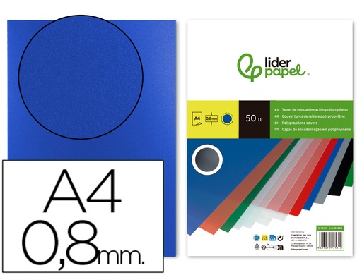 [64036] Tapa encuadernacion liderpapel polipropileno a4 0.8mm azul opaco paquete de 50 unidades