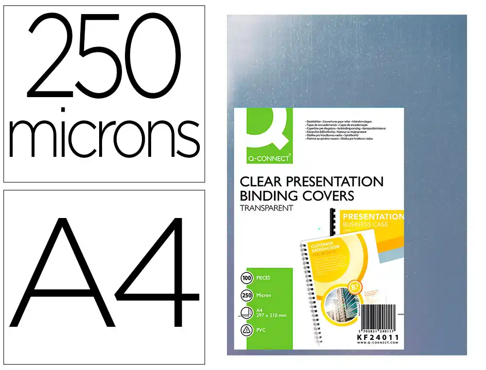 [63460] Tapa de encuadernacion q-connect pvc din a4 incolora 250 mc paquete de 100 unidades