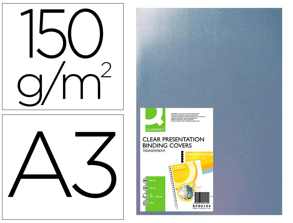 [63455] Tapa de encuadernacion q-connect pvc din a3 incolora 150 mc caja de 100 unidades