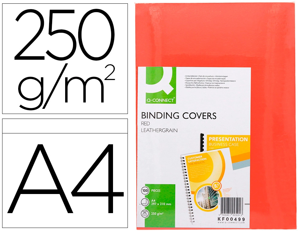 [63454] Tapa de encuadernacion q-connect carton din a4 rojo simil piel 250 gr caja de 100 unidades