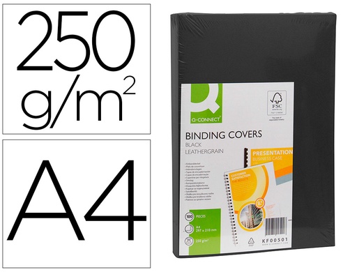 [63453] Tapa de encuadernacion q-connect carton din a4 negro simil piel 250 gr caja de 100 unidades