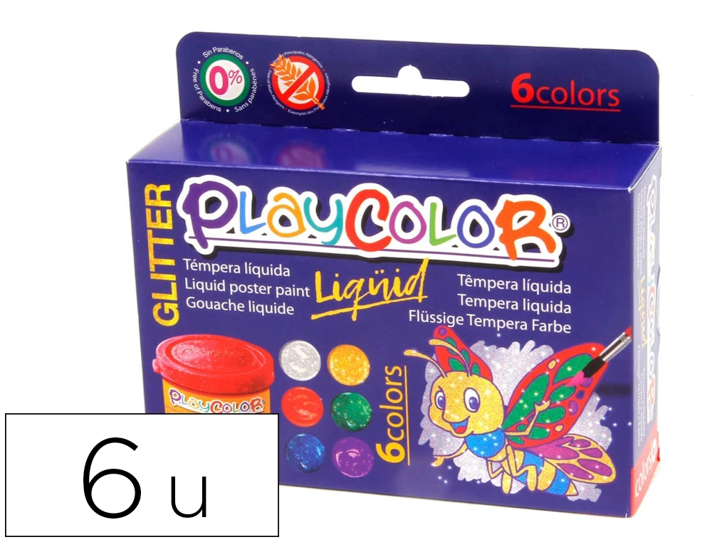 [167376] Tempera liquida playcolor liquid glitter 40 ml caja de 6 unidades colores surtidos