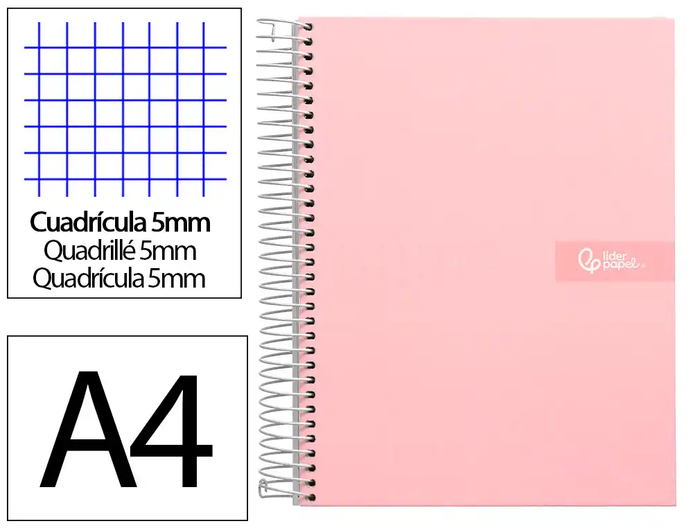 [9980] Cuaderno espiral liderpapel a4 micro crafty tapa forrada 120h 90gr cuadro 5mm 5 bandas 4 colores color rosa