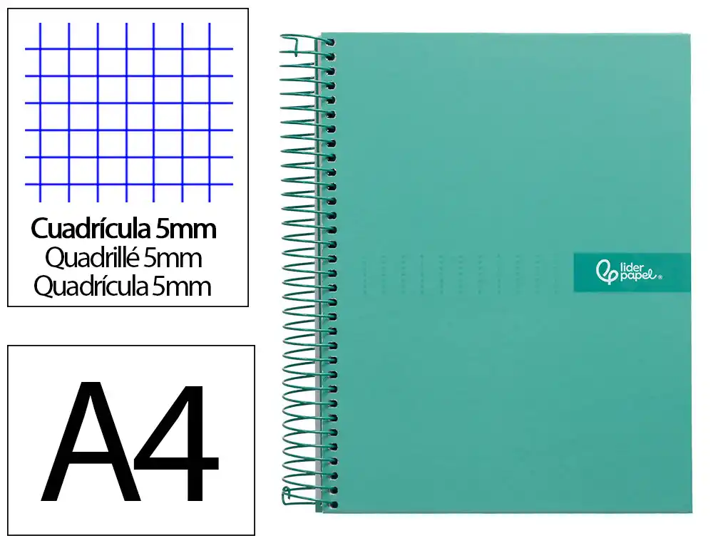 [9978] Cuaderno espiral liderpapel a4 micro crafty tapa forrada 120h 90gr cuadro 5mm 5 bandas 4 taladros color turquesa