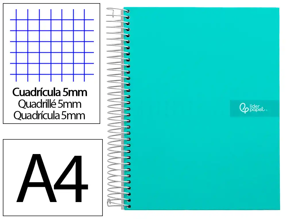 [9978] Cuaderno espiral liderpapel a4 micro crafty tapa forrada 120h 90gr cuadro 5mm 5 bandas 4 taladros color turquesa