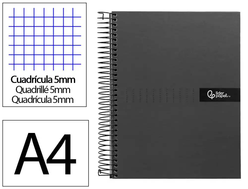 [9977] Cuaderno espiral liderpapel a4 micro crafty tapa forrada 120h 90gr cuadro 5mm 5 bandas 4 colores color negro