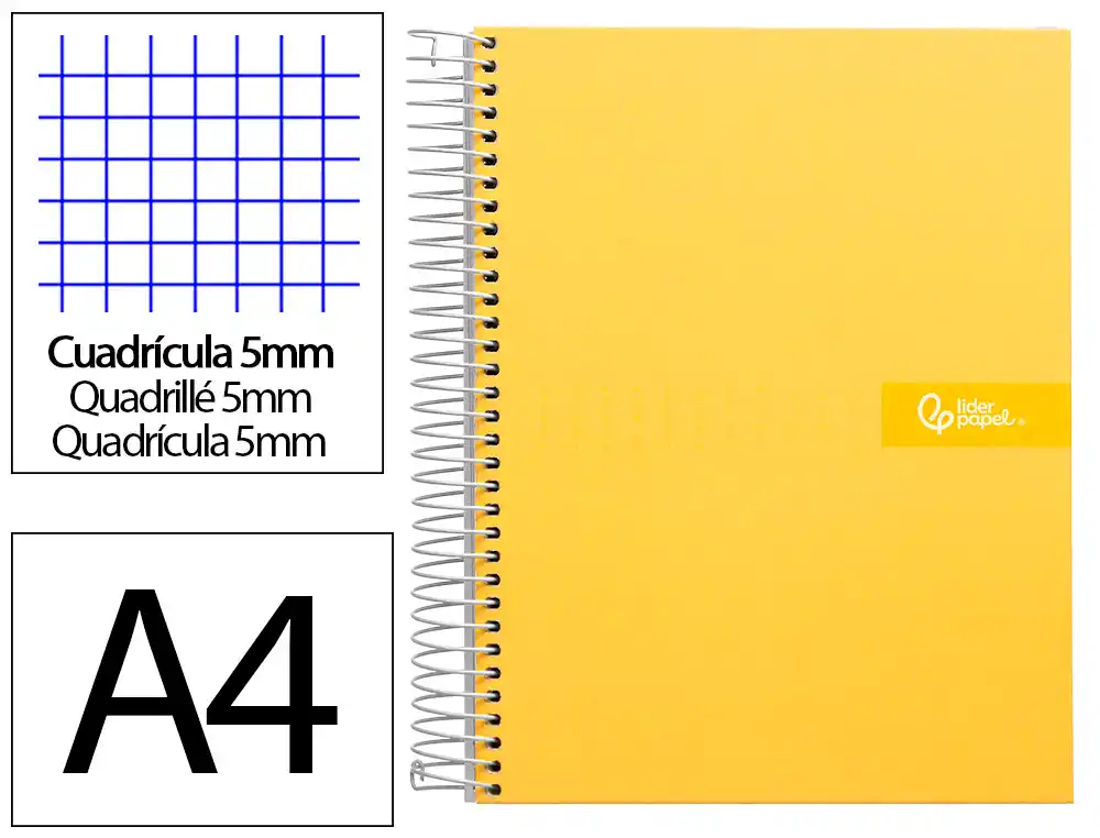 [9976] Cuaderno espiral liderpapel a4 micro crafty tapa forrada 120h 90gr cuadro 5mm 5 bandas 4 taladros color amarillo