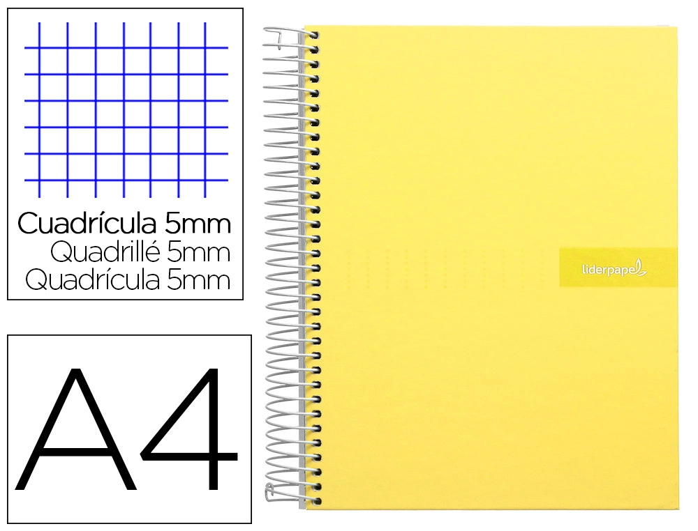 [9976] Cuaderno espiral liderpapel a4 micro crafty tapa forrada 120h 90gr cuadro 5mm 5 bandas 4 taladros color amarillo
