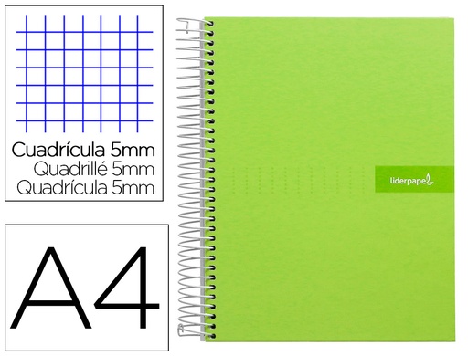 [9974] Cuaderno espiral liderpapel a4 micro crafty tapa forrada 120h 90 gr cuadro 5mm 5 bandas 4 colores color verde
