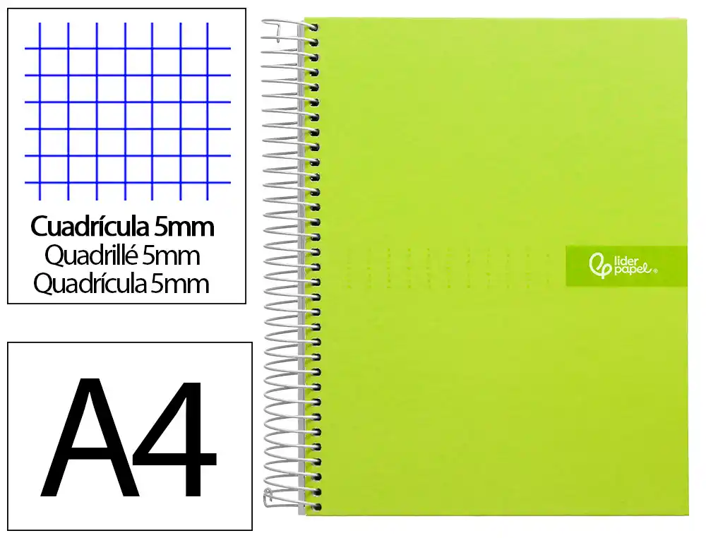 [9974] Cuaderno espiral liderpapel a4 micro crafty tapa forrada 120h 90gr cuadro 5mm 5 bandas 4 colores color verde