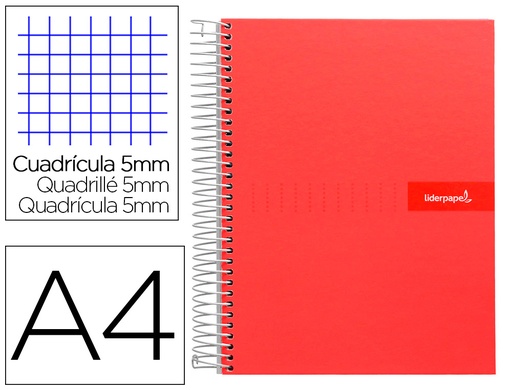[9973] Cuaderno espiral liderpapel a4 micro crafty tapa forrada 120h 90 gr cuadro 5mm 5 bandas 4 colores color rojo