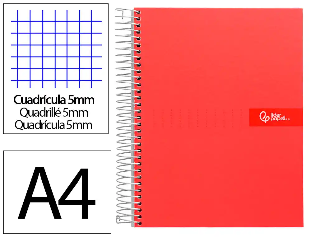 [9973] Cuaderno espiral liderpapel a4 micro crafty tapa forrada 120h 90gr cuadro 5mm 5 bandas 4 colores color rojo