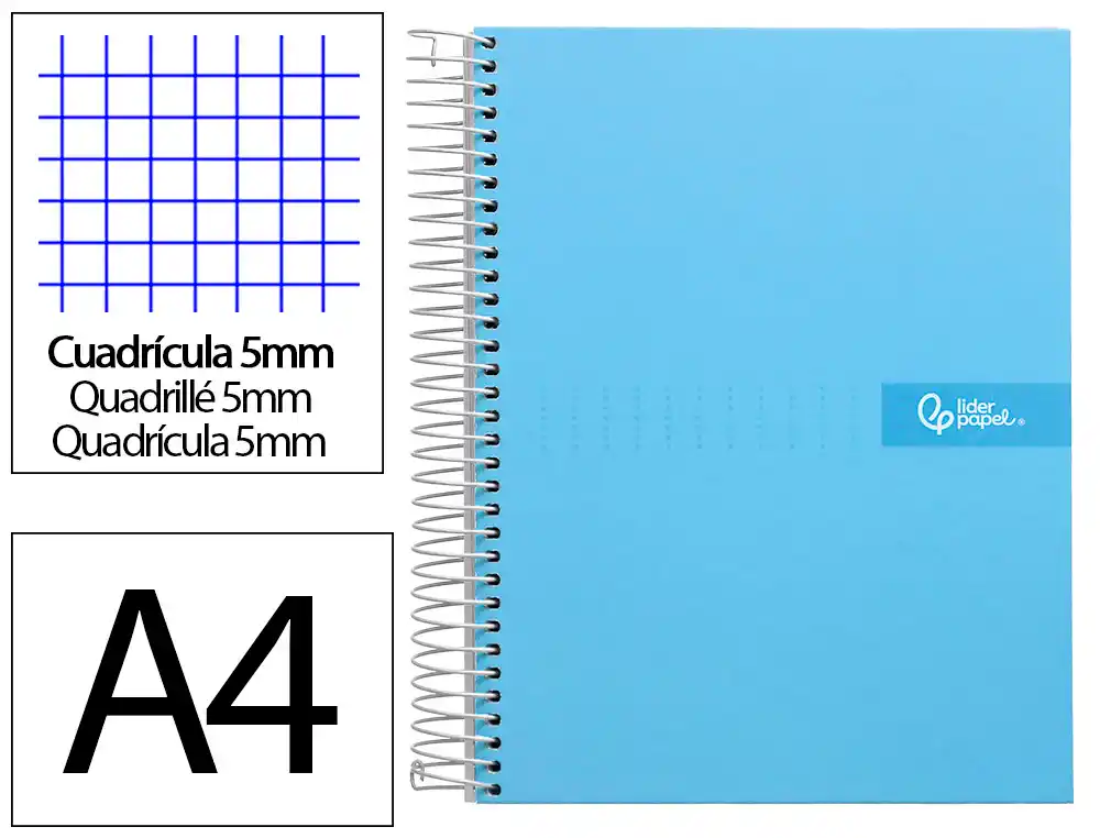 [9970] Cuaderno espiral liderpapel a4 micro crafty tapa forrada 120h 90gr cuadro 5mm 5 bandas 4 colores celeste