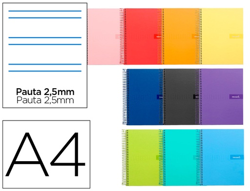 [9969] Cuaderno espiral liderpapel a4 crafty tapa forrada 80h 90 gr pauta estrecha 2,5mm con margen colores surtidos