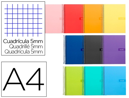 [9956] Cuaderno espiral liderpapel a4 crafty tapa forrada 80h 90 gr cuadro 5mm con margen colores surtidos
