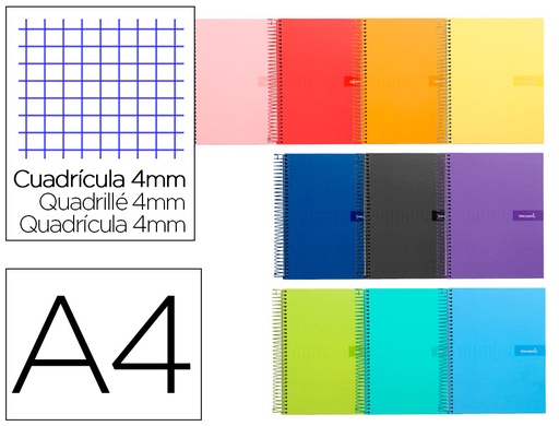 [9951] Cuaderno espiral liderpapel a4 crafty tapa forrada 80h 90 gr cuadro 4mm con margen colores surtidos