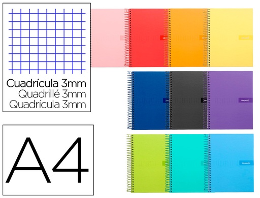 [9950] Cuaderno espiral liderpapel a4 crafty tapa forrada 80h 90 gr cuadro 3mm con margen colores surtidos