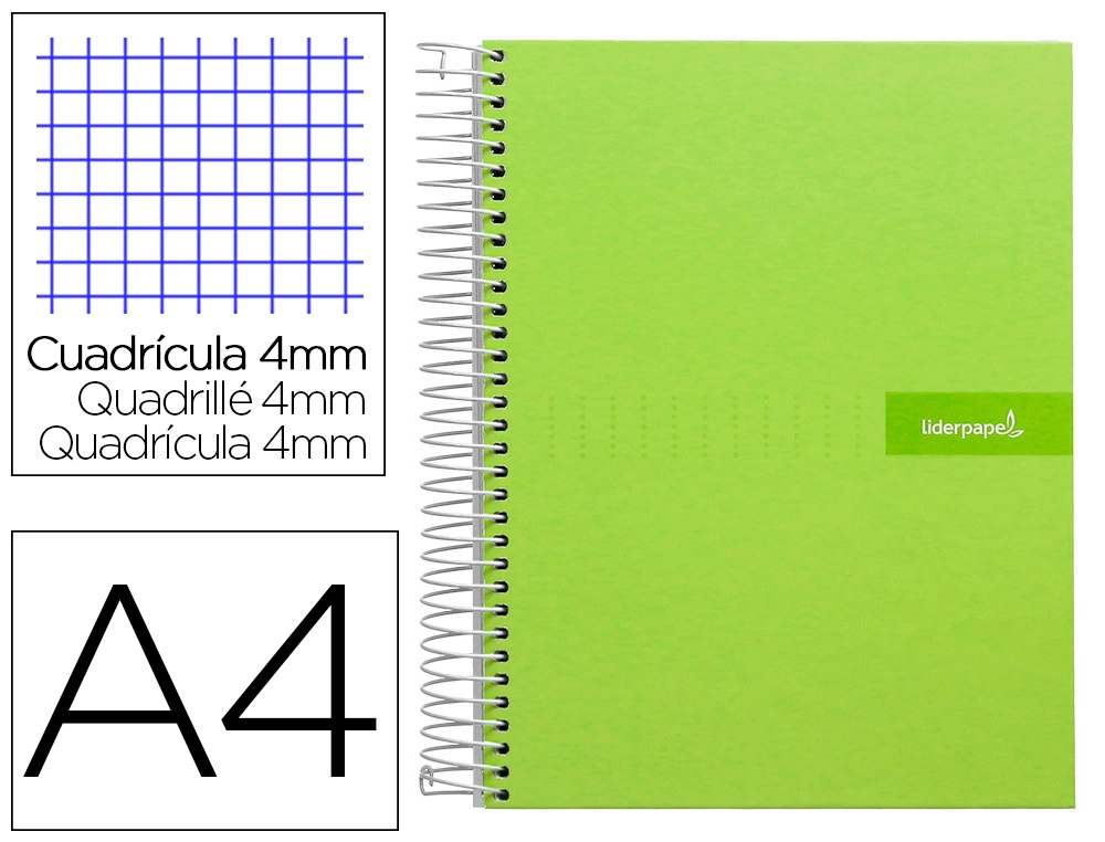 [9927] Cuaderno espiral liderpapel a4 crafty tapa forrada 80h 90gr cuadro 4mm con margen color verde
