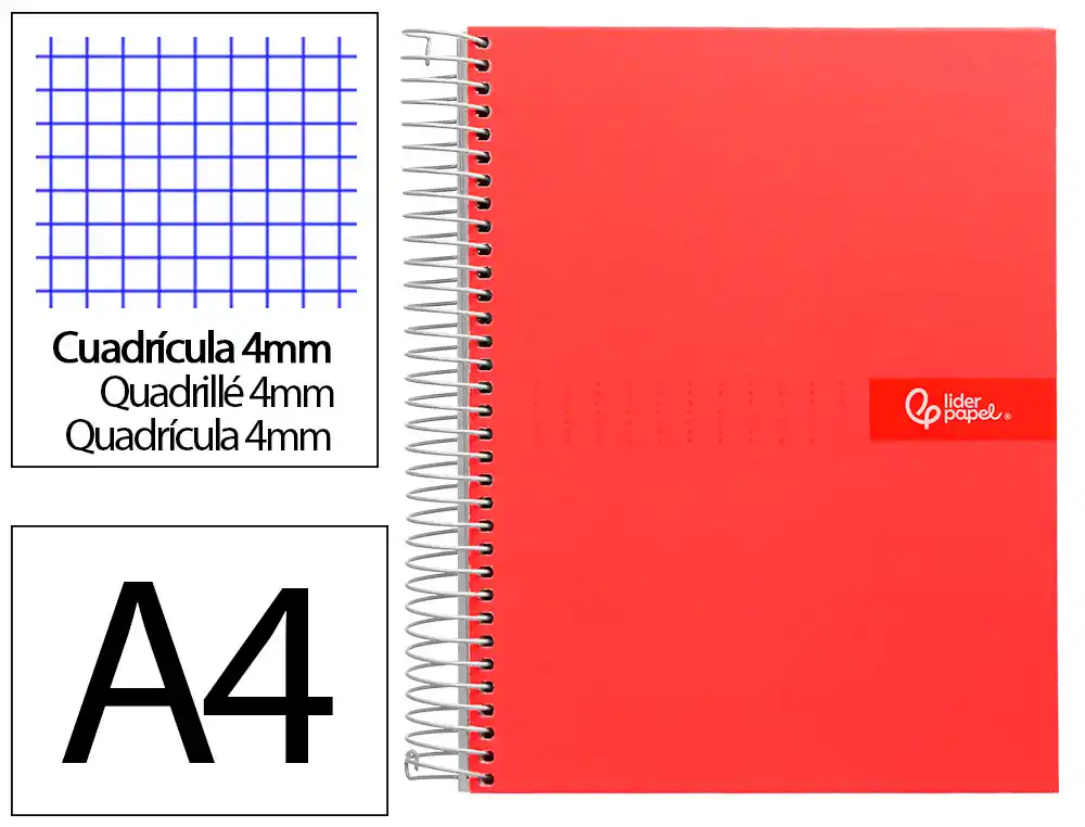[9926] Cuaderno espiral liderpapel a4 crafty tapa forrada 80h 90gr cuadro 4mm con margen color roja
