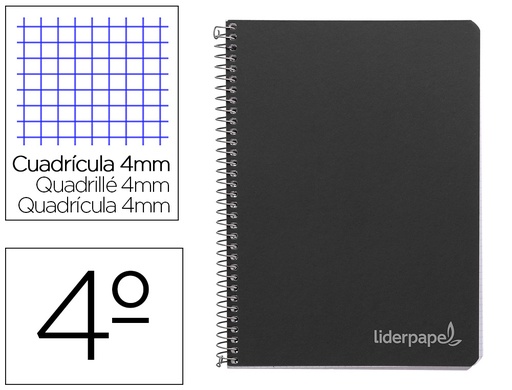 [9784] Cuaderno espiral liderpapel cuarto witty tapa dura 80h 75gr cuadro 4mm con margen color negro
