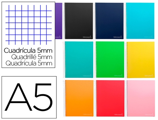 [9758] Cuaderno espiral liderpapel a5 micro jolly tapa forrada 140h 75 gr cuadro 5mm 5 bandas6 taladros colores surtidos