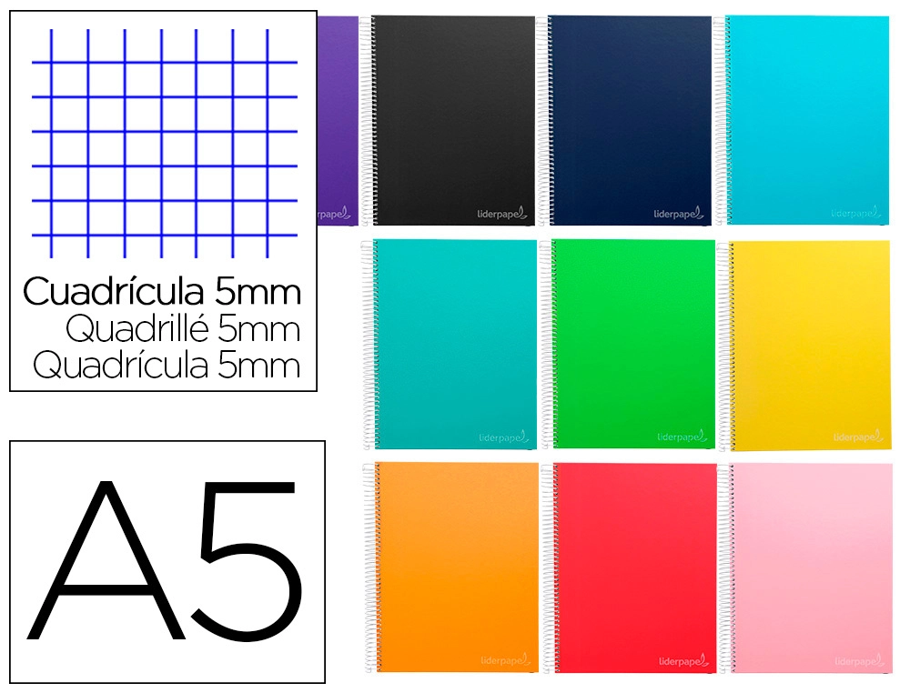 [9758] Cuaderno espiral liderpapel a5 micro jolly tapa forrada 140h 75gr cuadro 5mm 5 bandas 6 taladros colores surtidos