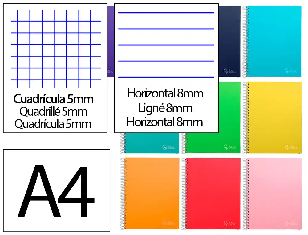 [9758] Cuaderno espiral liderpapel a5 micro jolly tapa forrada 140h 75gr cuadro 5mm 5 bandas 6 taladros colores surtidos
