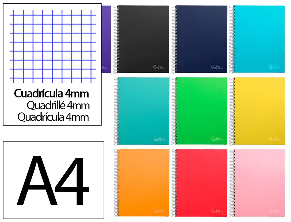 [9755] Cuaderno espiral liderpapel a4 micro jolly tapa forrada 140h 75gr cuadro 4mm 5 bandas 4 taladros colores surtidos