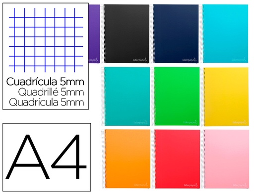 [9754] Cuaderno espiral liderpapel a4 micro jolly tapa forrada 140h 75 gr cuadro 5mm 5 bandas4 taladros colores surtidos
