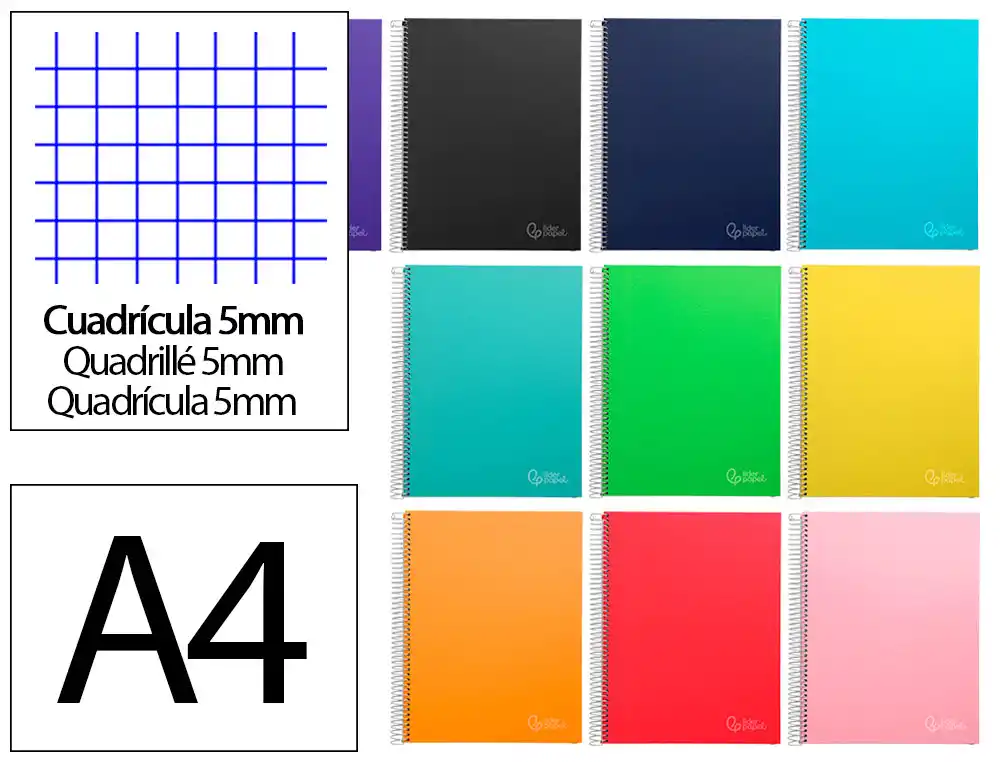 [9754] Cuaderno espiral liderpapel a4 micro jolly tapa forrada 140h 75gr cuadro 5mm 5 bandas 4 taladros colores surtidos