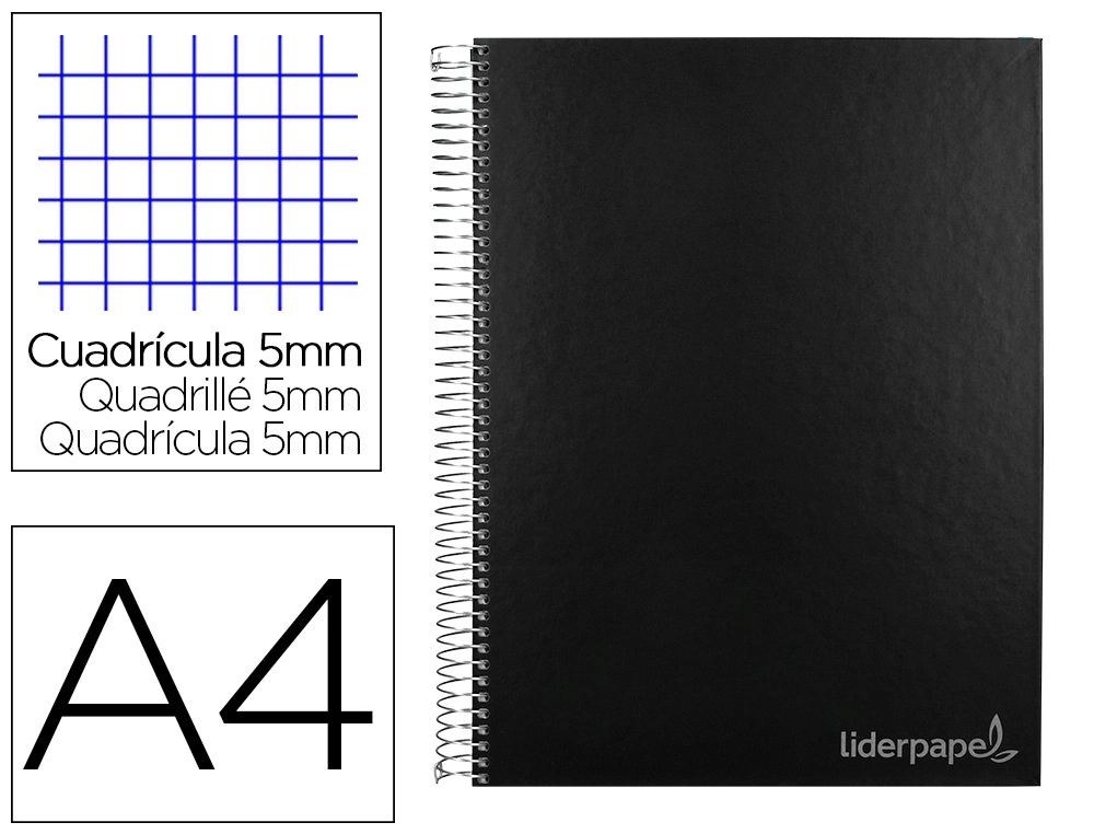 [9753] Cuaderno espiral liderpapel a4 micro jolly tapa forrada 140h 75gr cuadro 5mm 5 bandas 4 taladros color negro