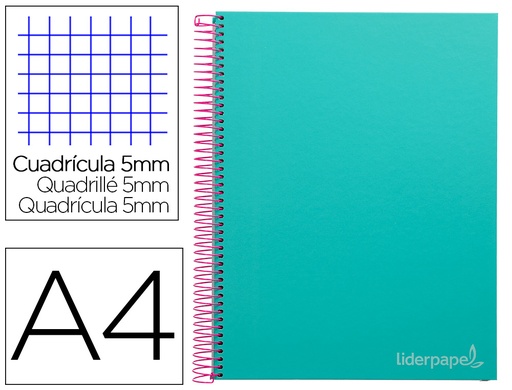 [9752] Cuaderno espiral liderpapel a4 micro jolly tapa forrada 140h 75 gr cuadro 5mm 5 bandas4 taladros color turquesa