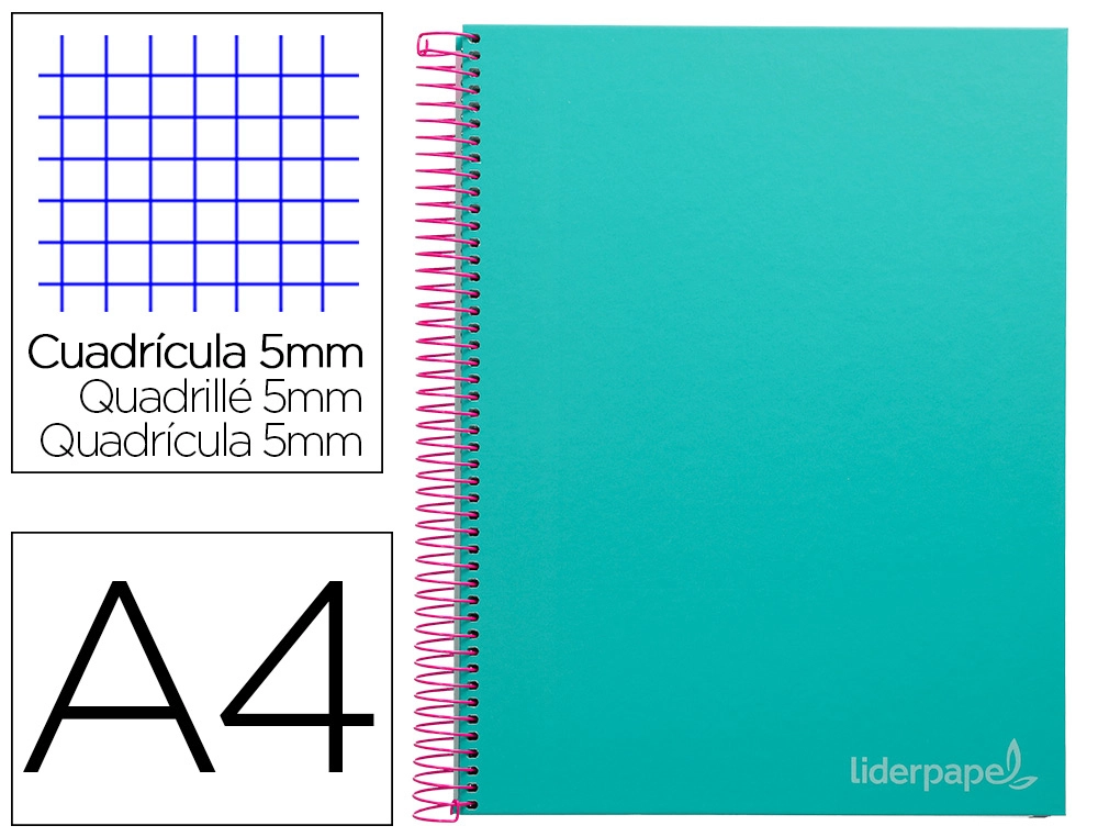 [9752] Cuaderno espiral liderpapel a4 micro jolly tapa forrada 140h 75gr cuadro 5mm 5 bandas 4 taladros color turquesa