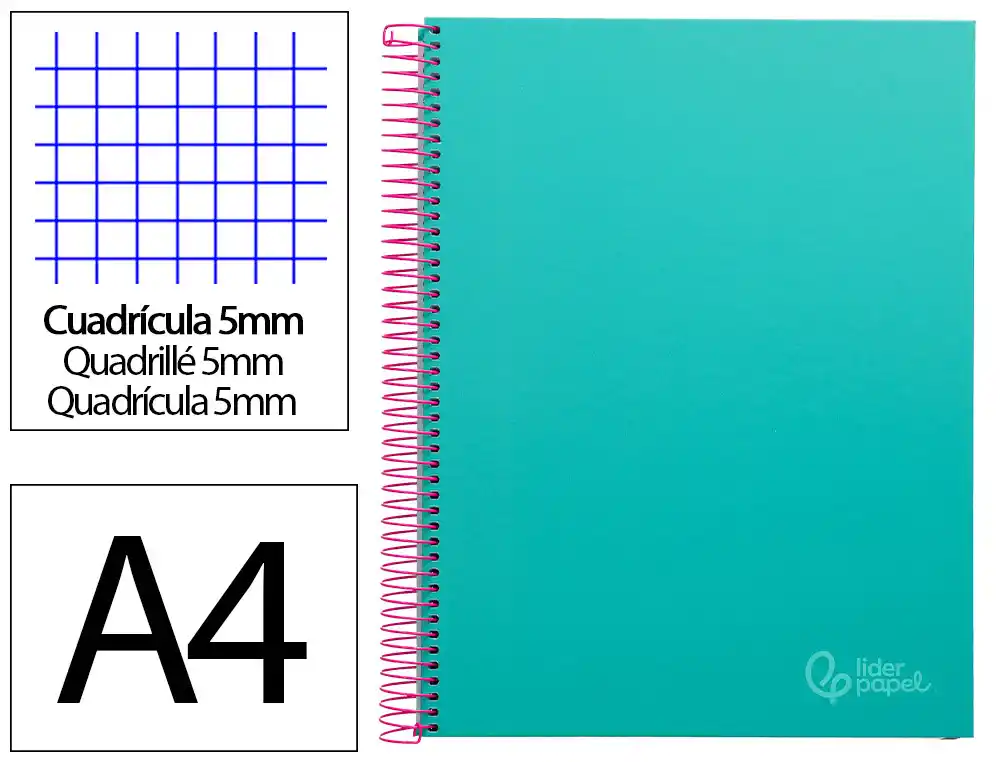 [9752] Cuaderno espiral liderpapel a4 micro jolly tapa forrada 140h 75gr cuadro 5mm 5 bandas 4 taladros color turquesa