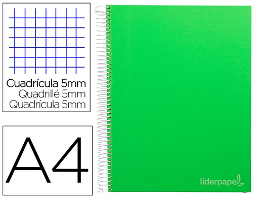 [9751] Cuaderno espiral liderpapel a4 micro jolly tapa forrada 140h 75 gr cuadro 5mm 5 bandas 4 taladros color verde