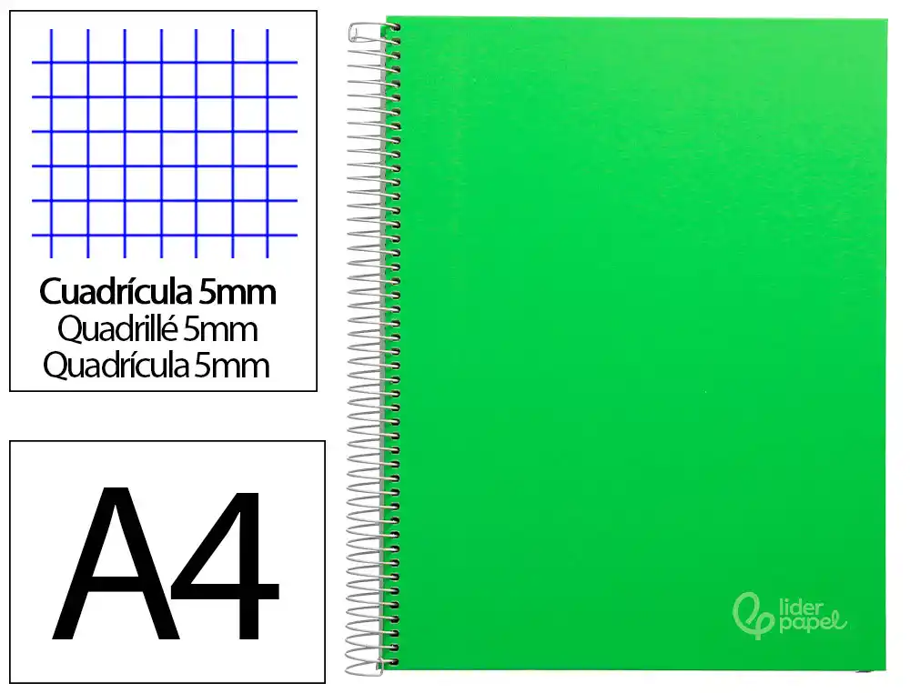 [9751] Cuaderno espiral liderpapel a4 micro jolly tapa forrada 140h 75gr cuadro 5mm 5 bandas 4 taladros color verde