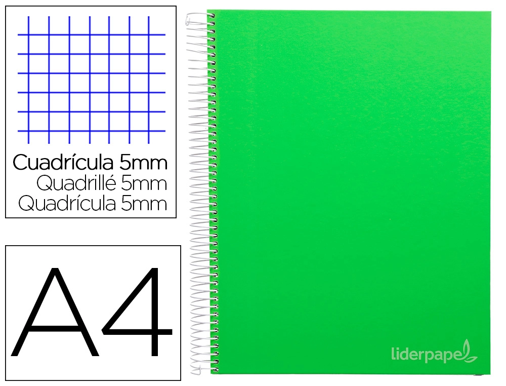 [9751] Cuaderno espiral liderpapel a4 micro jolly tapa forrada 140h 75gr cuadro 5mm 5 bandas 4 taladros color verde