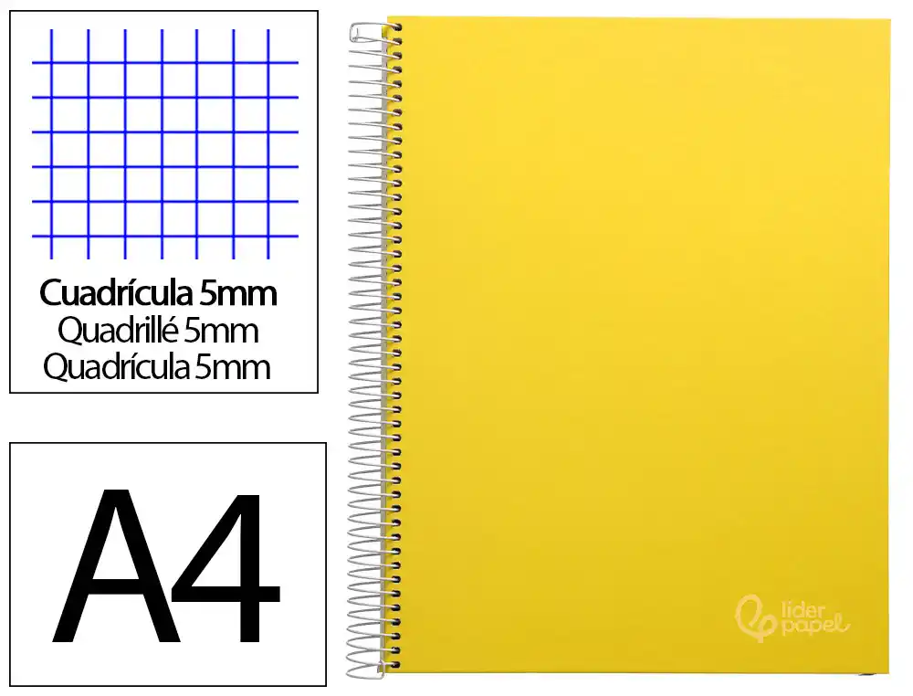 [9750] Cuaderno espiral liderpapel a4 micro jolly tapa forrada 140h 75gr cuadro 5mm 5 bandas 4 taladros color amarillo